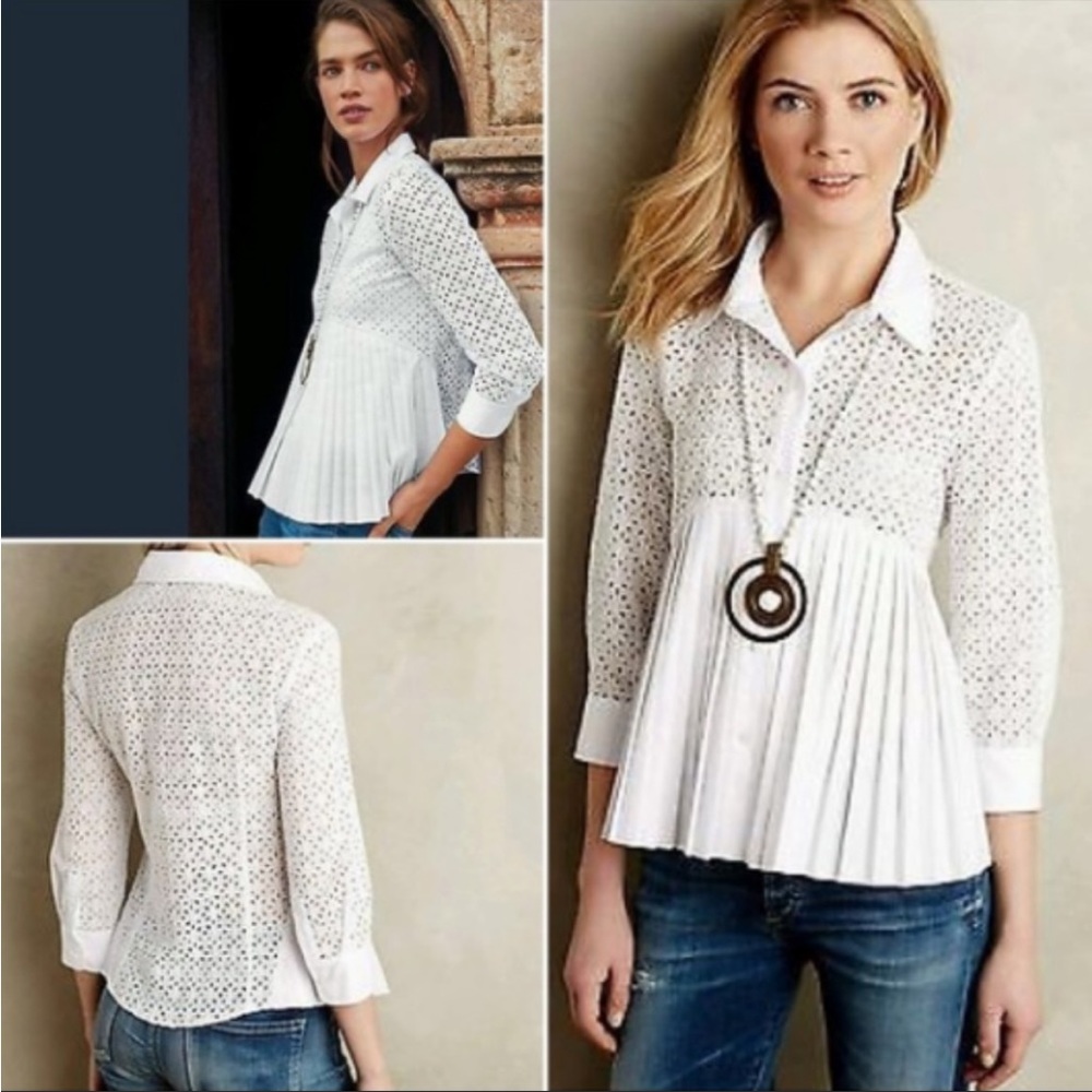 Anthropologie HD in Paris Eyelet Empire Blouse in white